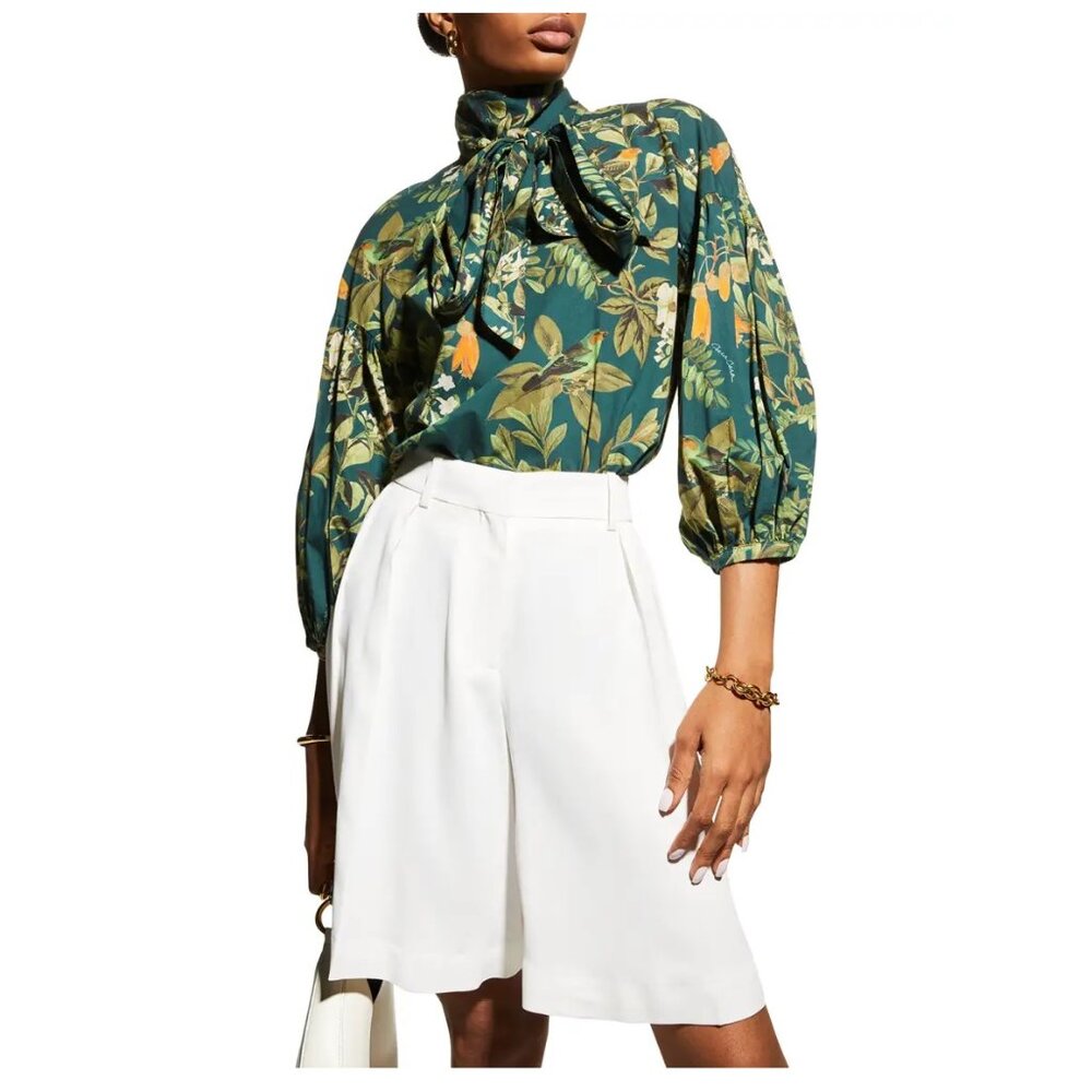 Cara Cara Diane Blouse / Medium / Botanical Birds Emerald Green Bow Balloon